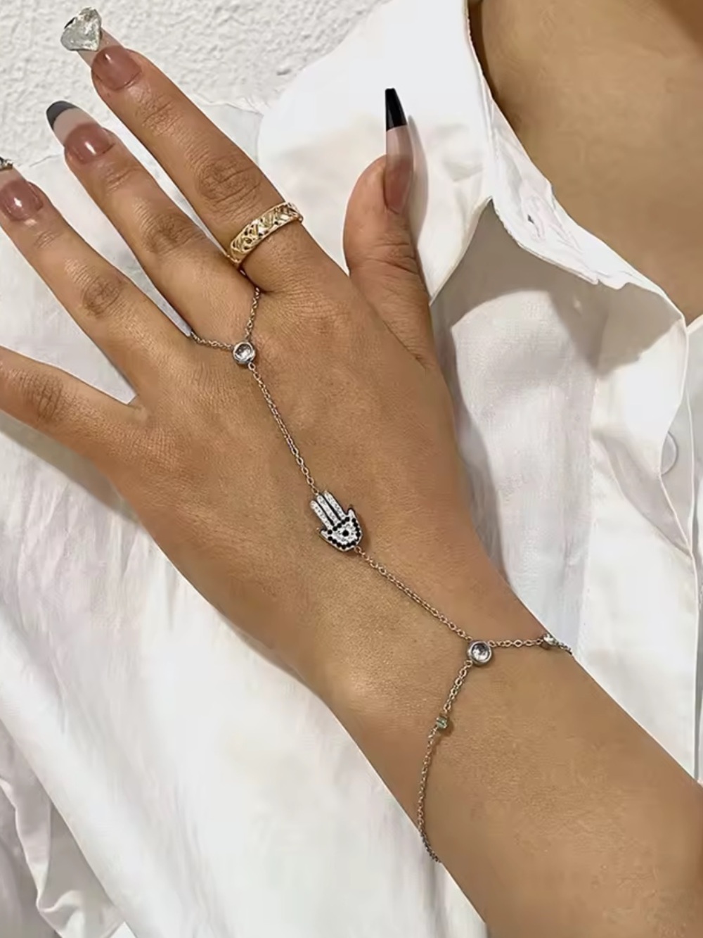 Target Silver Hamsa Hand Finger-to-Wrist Chain Bracelet